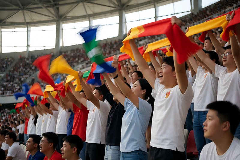 体育场内球迷挥舞围巾为球队助威的场景